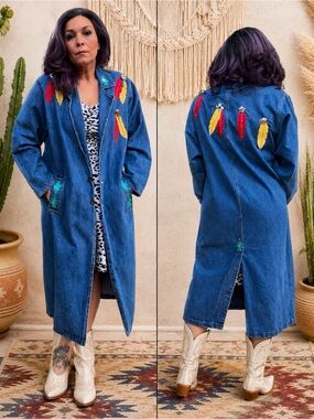 Rare Vintage Sunbelt Denim Southwestern Duster Coat Feather Appliqué One Size